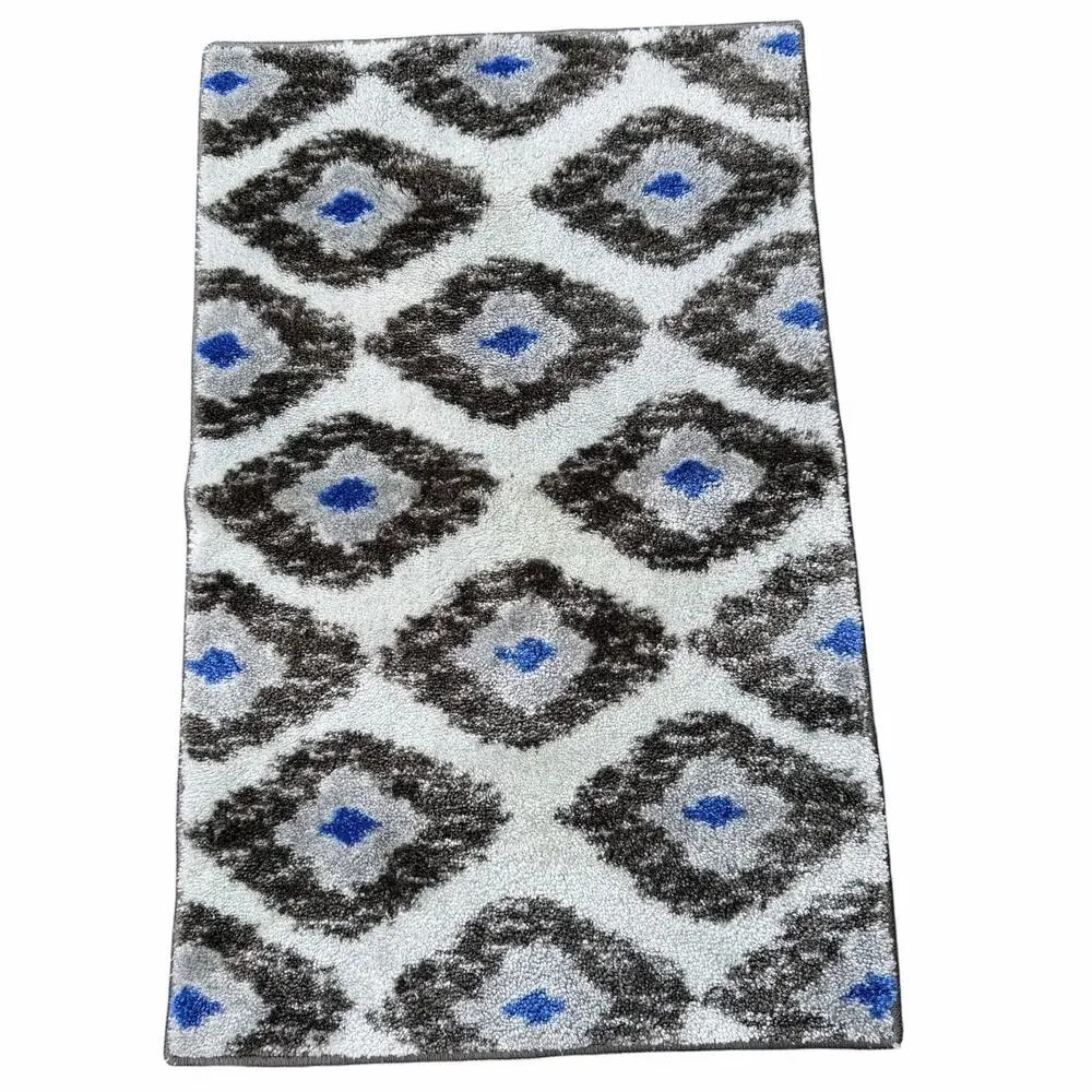 Geometric Gray Blue Bath Mat Ikat Diamond Plush Modern Bathroom Floor Rug